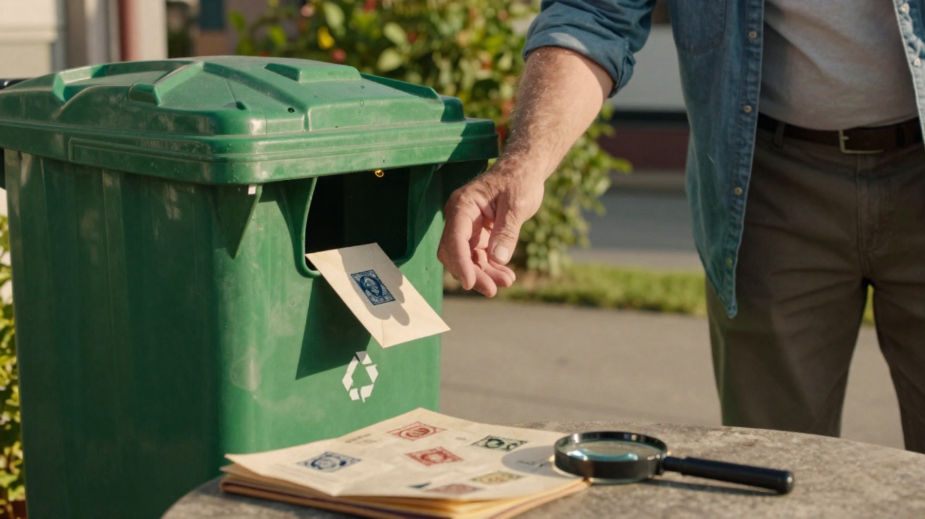 Pessoa descartando envelope com selo em lixeira verde de reciclagem ao lado de álbum de selos e lupa.