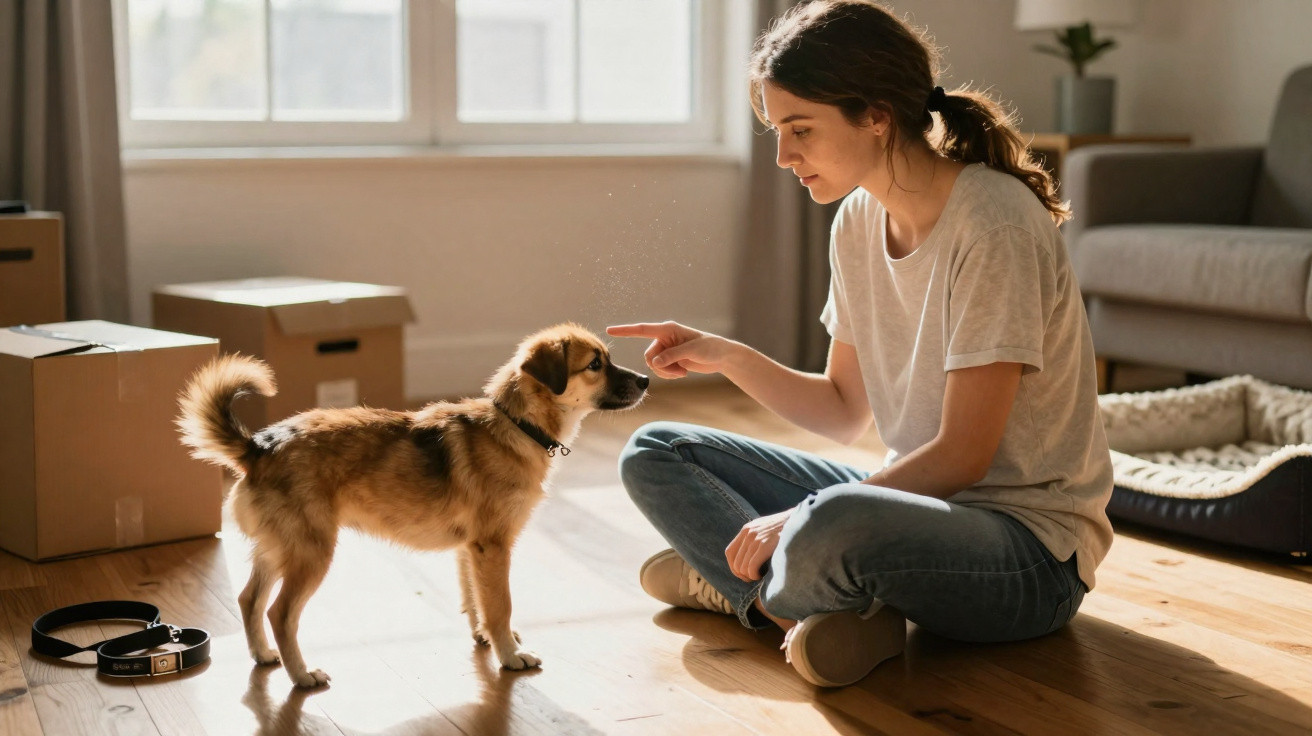 Mulher sentada no chão acariciando filhote de cachorro em sala iluminada com caixas de mudança ao fundo.