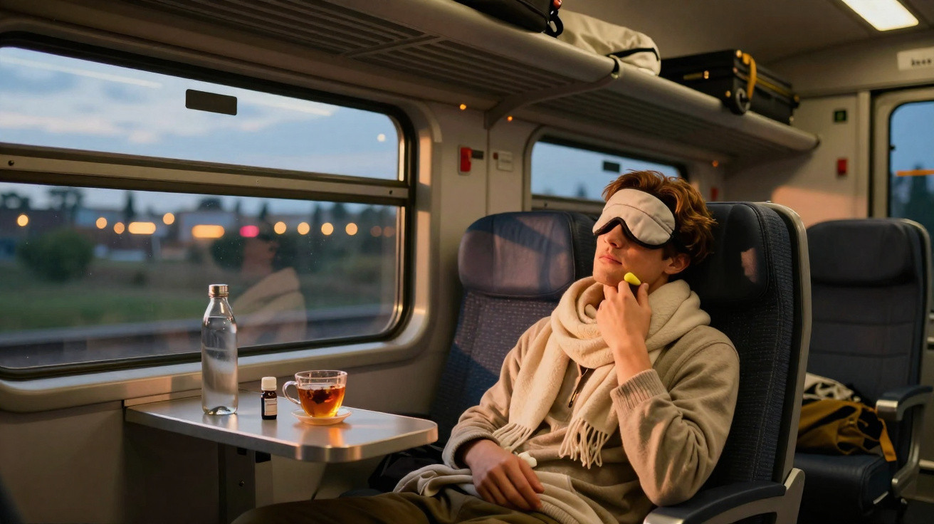 Jovem usando máscara de dormir e protetores auriculares sentado em trem com chá, remédio e garrafa na mesa.