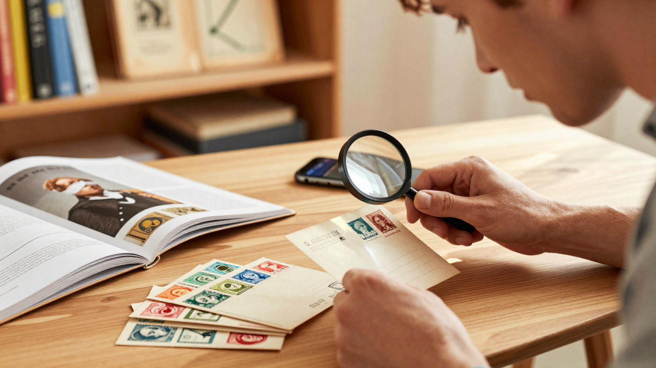 Pessoa usando lupa para examinar selos em envelopes sobre mesa de madeira com livro aberto ao lado.