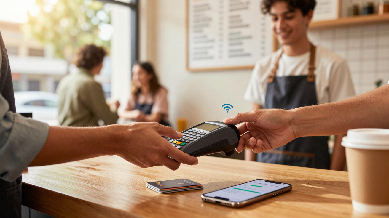 Cliente realiza pagamento por aproximação com smartphone em cafeteria moderna.