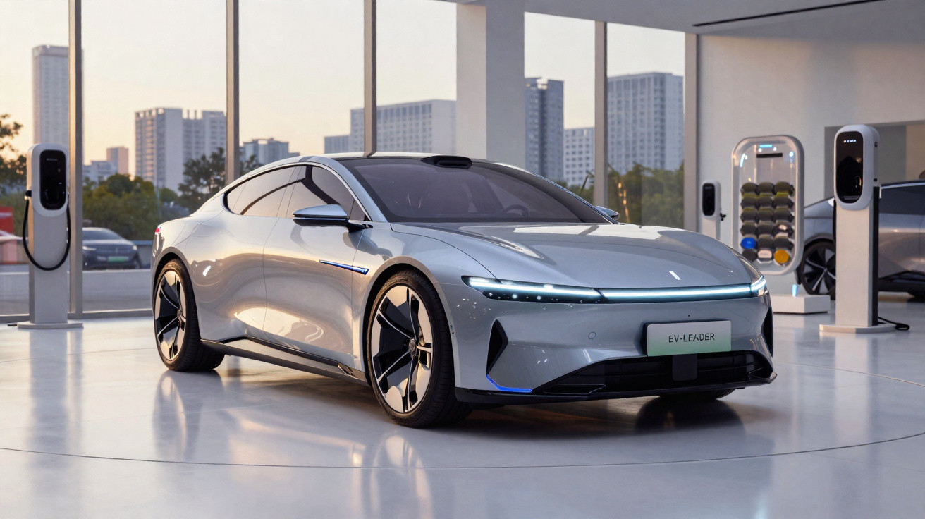 Carro elétrico prata moderno estacionado dentro de showroom com paredes de vidro e postes de recarga ao redor.