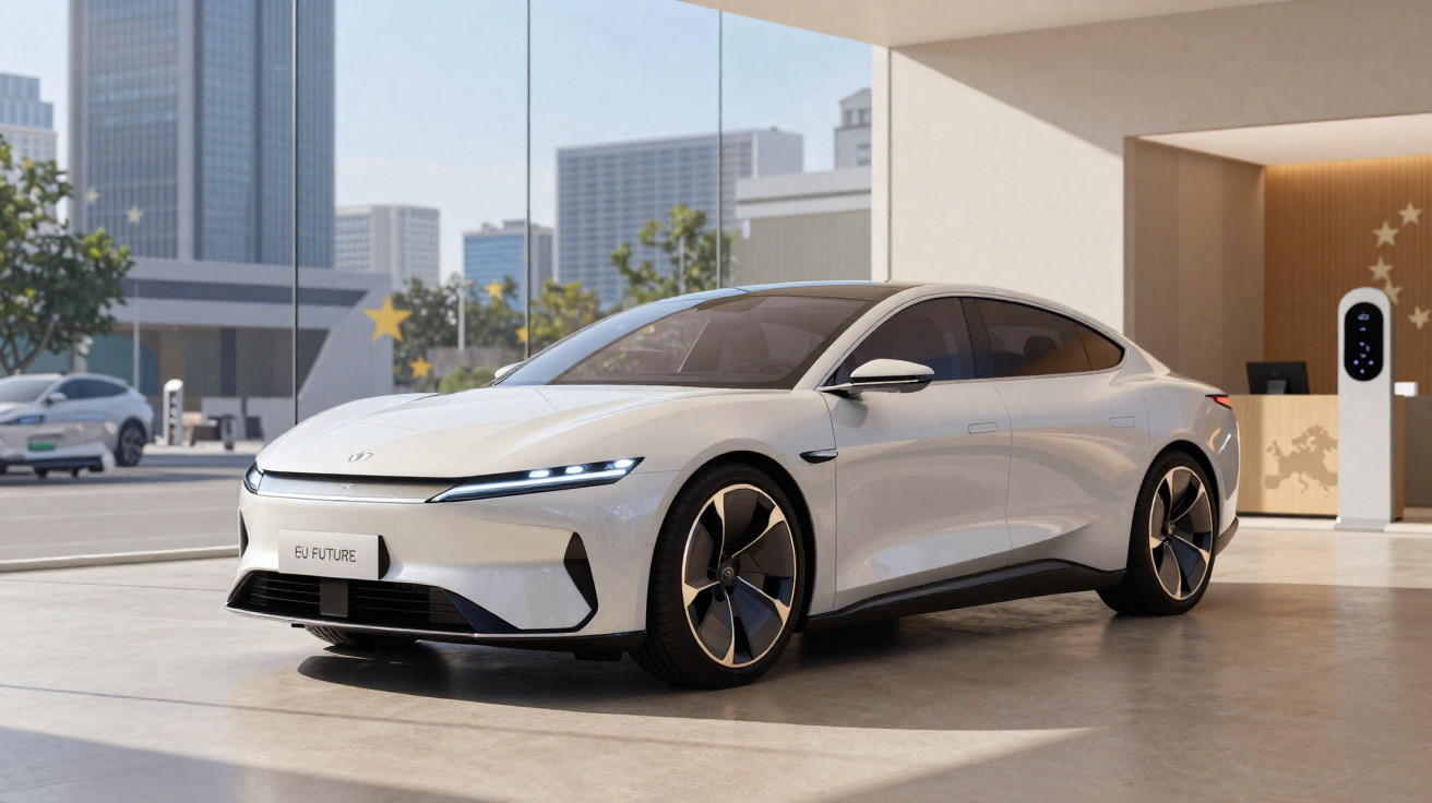 Carro elétrico branco estacionado em showroom moderno com janelas amplas e vista urbana ao fundo.