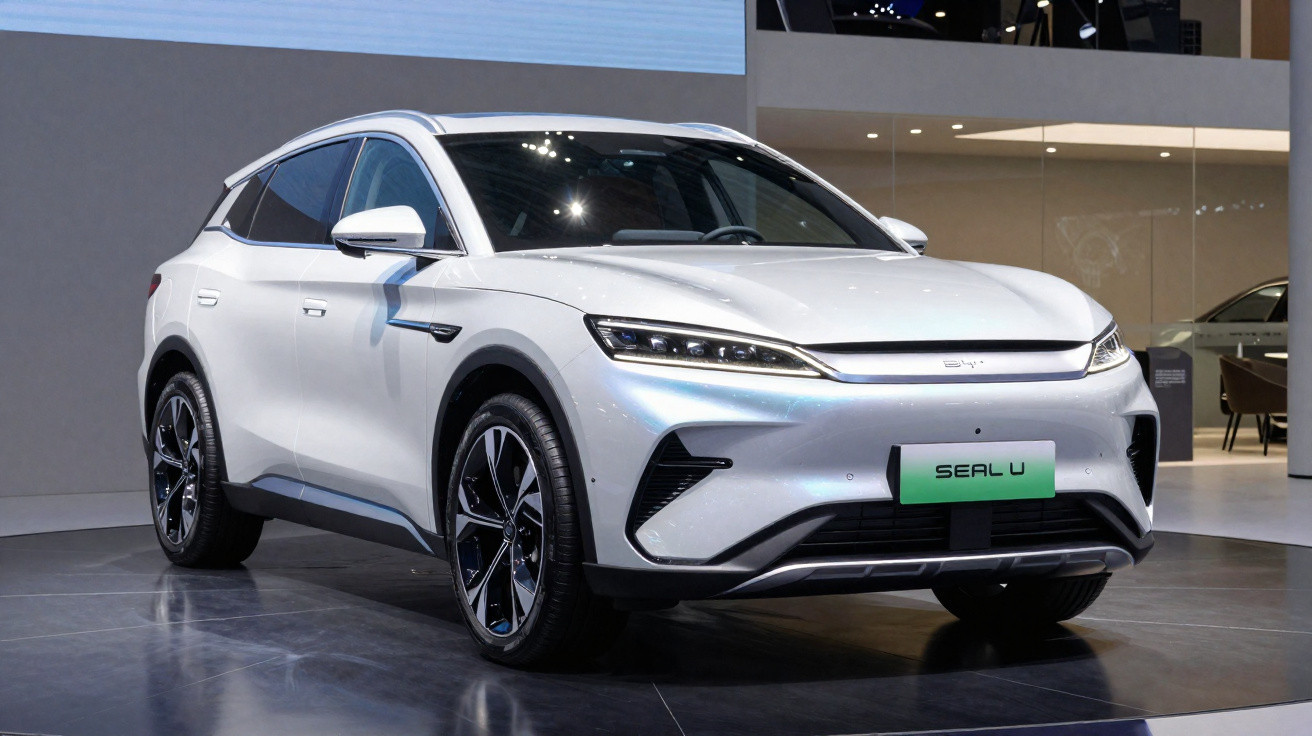 Carro elétrico branco Seal U em exposição em ambiente interno, com design moderno e rodas pretas.