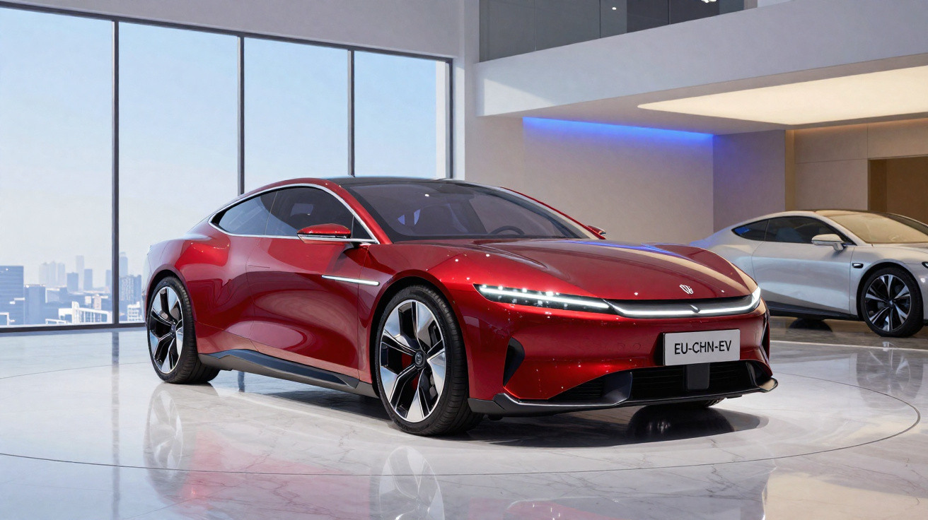 Carro elétrico esportivo vermelho exposto em showroom moderno com grandes janelas e outro carro ao fundo.