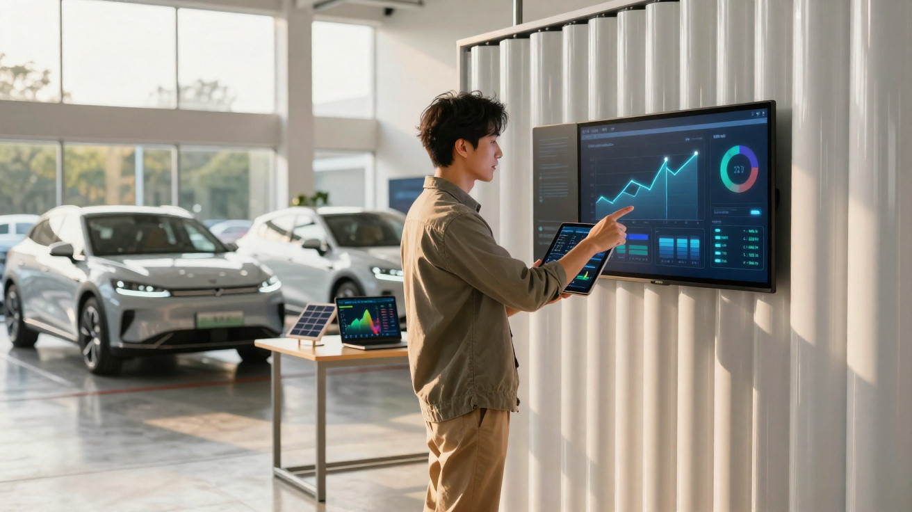 Homem consultando gráficos financeiros em tela digital dentro de concessionária de carros elétricos.