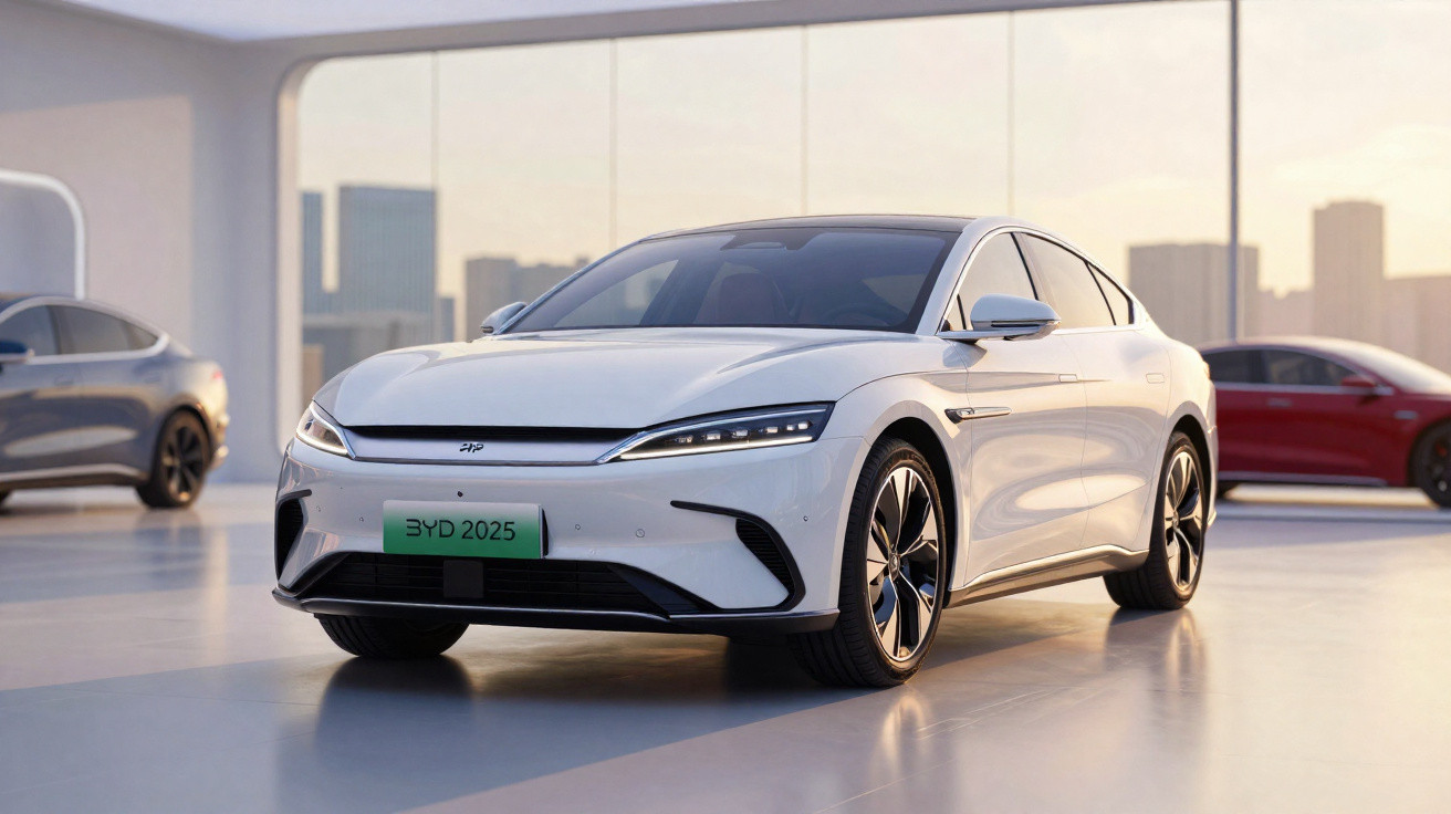 Carro elétrico branco BYD 2025 estacionado em área urbana com prédios ao fundo ao entardecer.