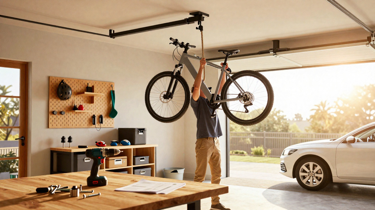 Homem guardando bicicleta suspensa no teto da garagem ao lado de carro branco estacionado.