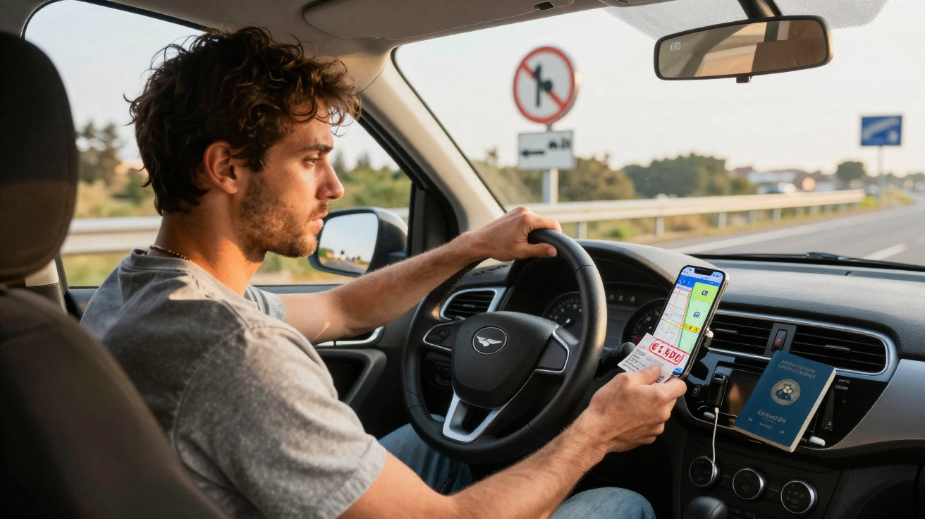Homem dirigindo carro e segurando celular com aplicativo de navegação em uma estrada.