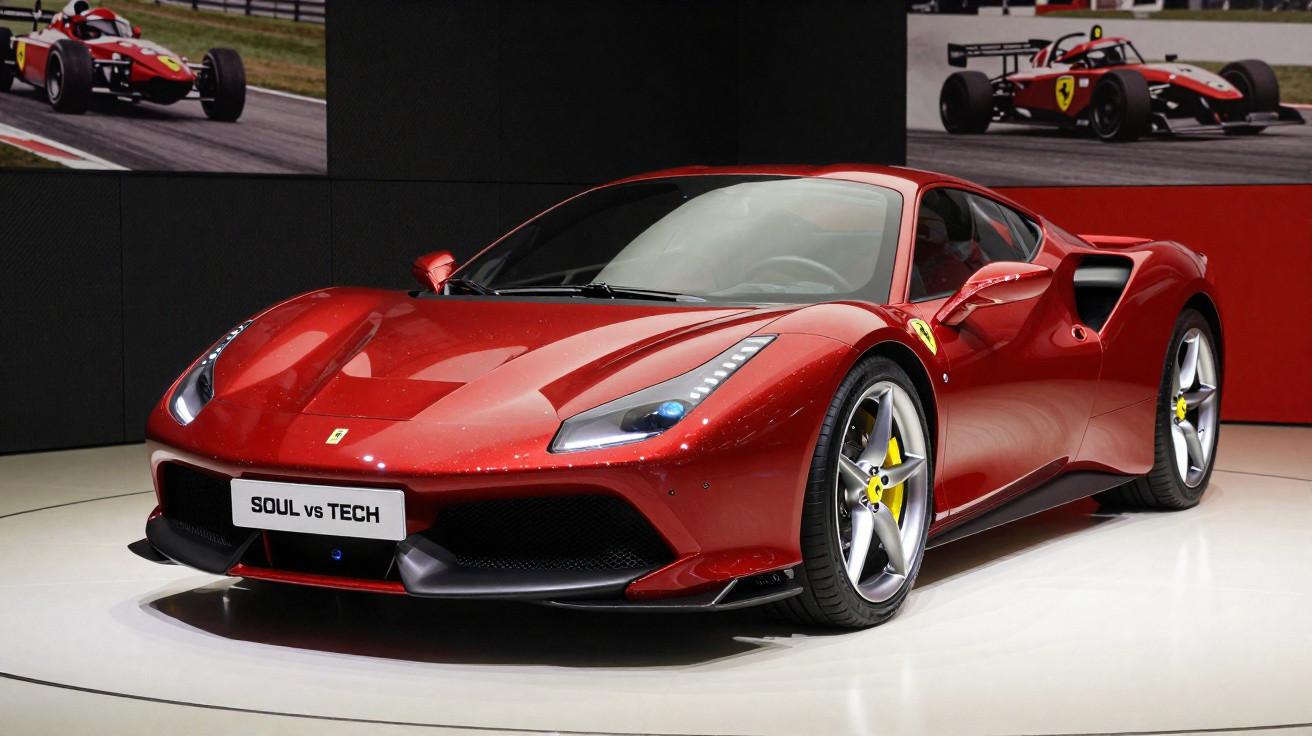 Carro esportivo Ferrari vermelho em exposição, com placas "SOUL vs TECH" e fotos de carros de corrida ao fundo.