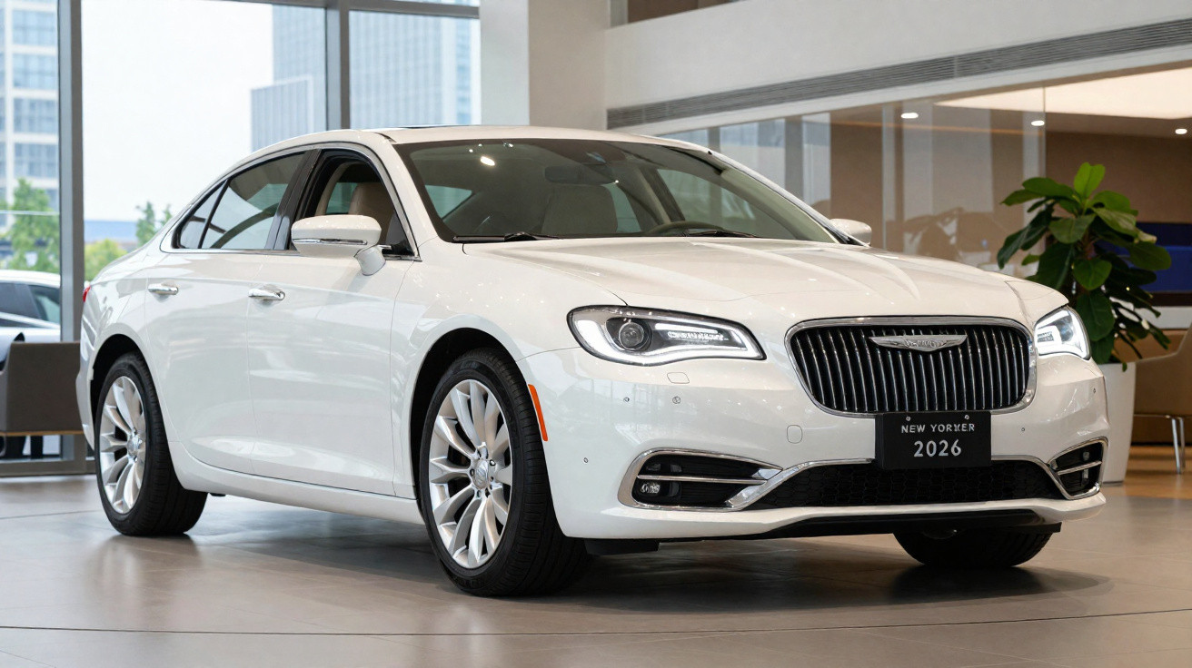 Carro sedan branco Chrysler New Yorker 2026 exibido em showroom moderno com grandes janelas.