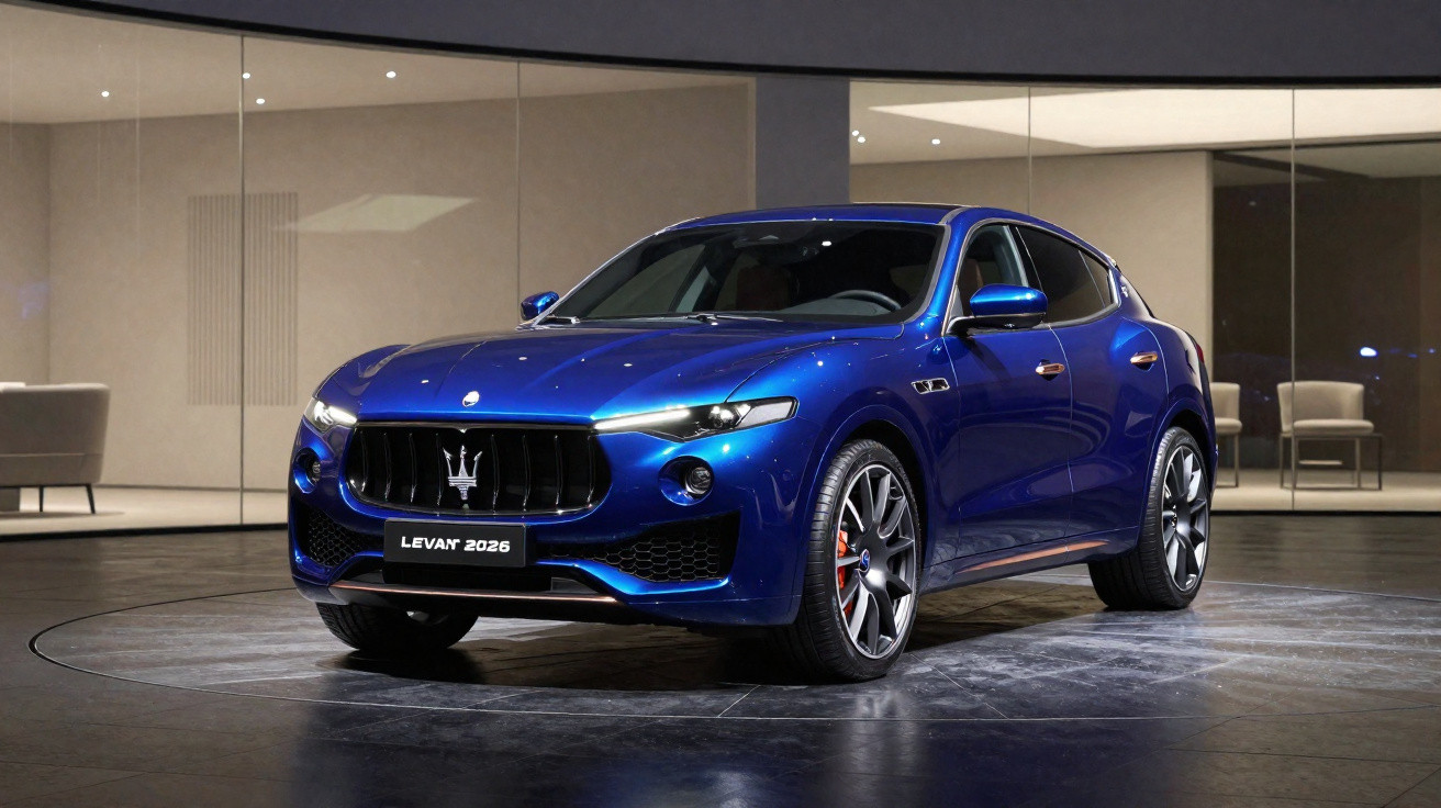 Carro esportivo Maserati Levante 2026 azul exibido em ambiente moderno com piso escuro.