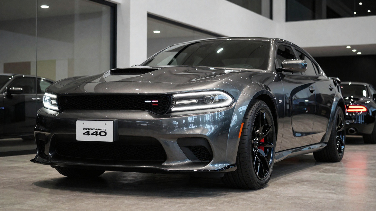 Dodge Charger cinza escuro com rodas pretas exibido em showroom moderno e iluminado.