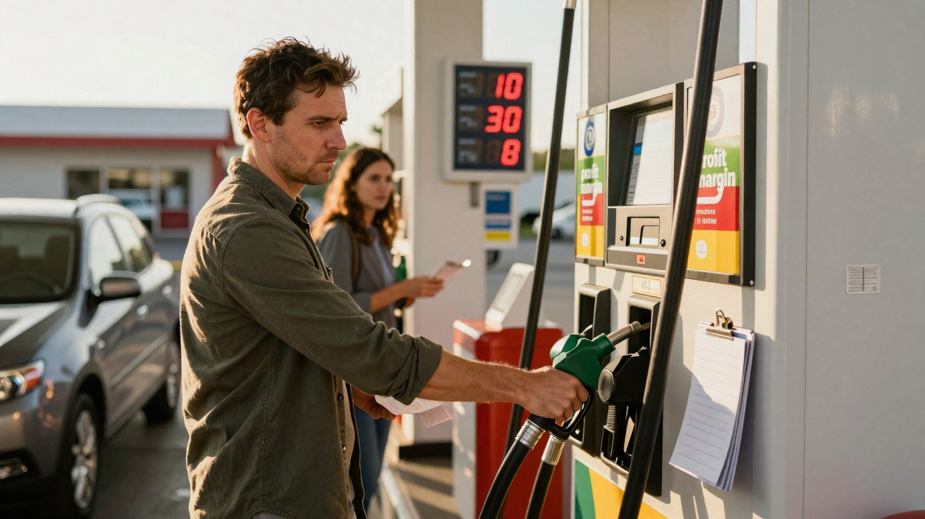 Homem abastecendo o carro em um posto de gasolina com mulher ao fundo segurando papel.