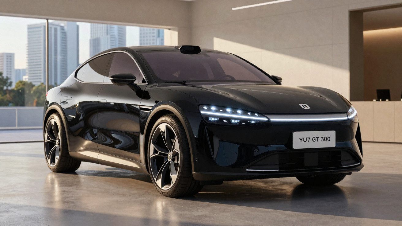 Carro elétrico preto futurista estacionado em ambiente interno com janelas e prédios ao fundo.