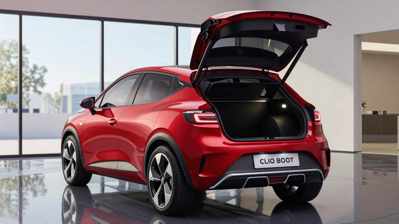 Carro vermelho com porta-malas aberto em ambiente interno, modelo compacto e moderno.
