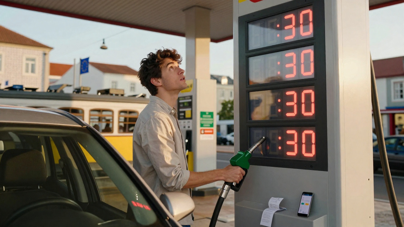 Homem abastecendo carro em posto com preços de combustível exibindo 30 no painel digital.