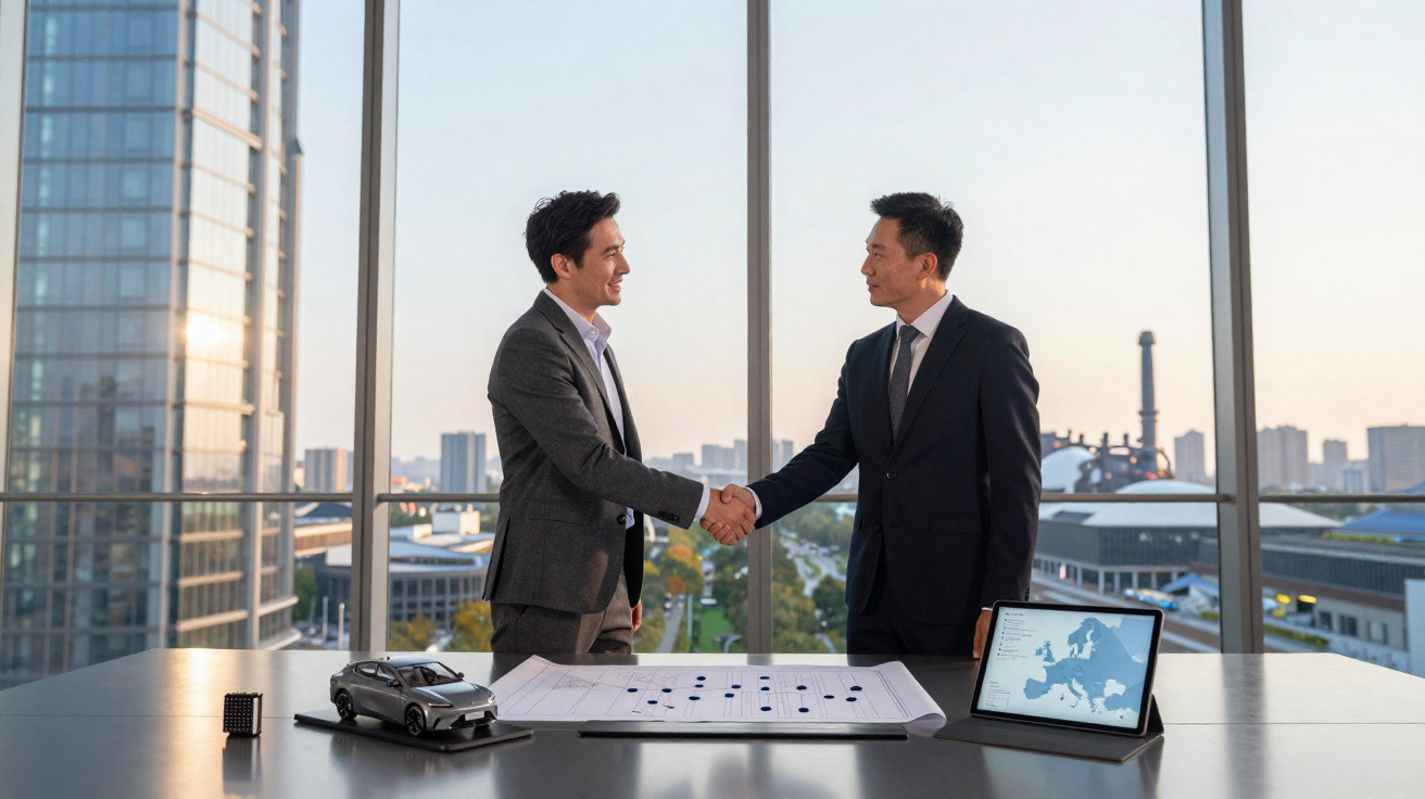 Dois empresários apertando as mãos em escritório com vista urbana ao fundo e objetos de planejamento na mesa.