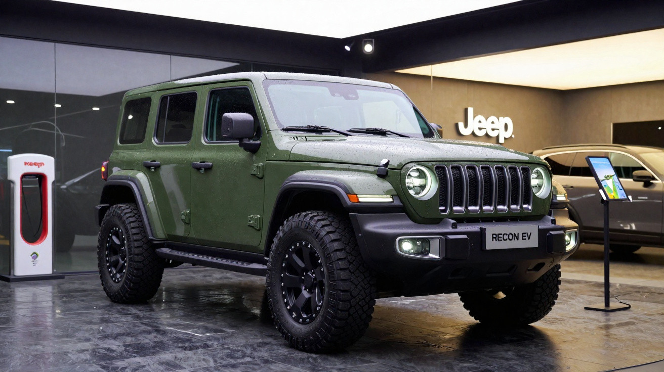 SUV elétrico Jeep Recon EV verde militar exposto em salão automotivo, com carregador elétrico ao lado.