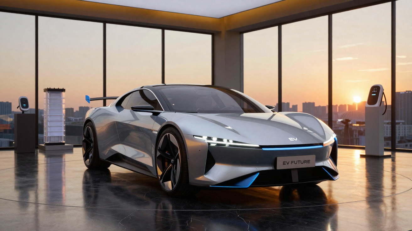Carro esportivo elétrico prateado exibido em showroom com paredes de vidro e vista da cidade ao pôr do sol.