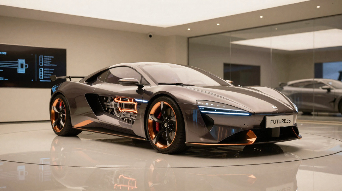 Carro esportivo elétrico cinza com detalhes em cobre exibido em sala moderna e iluminada, placa Future35.