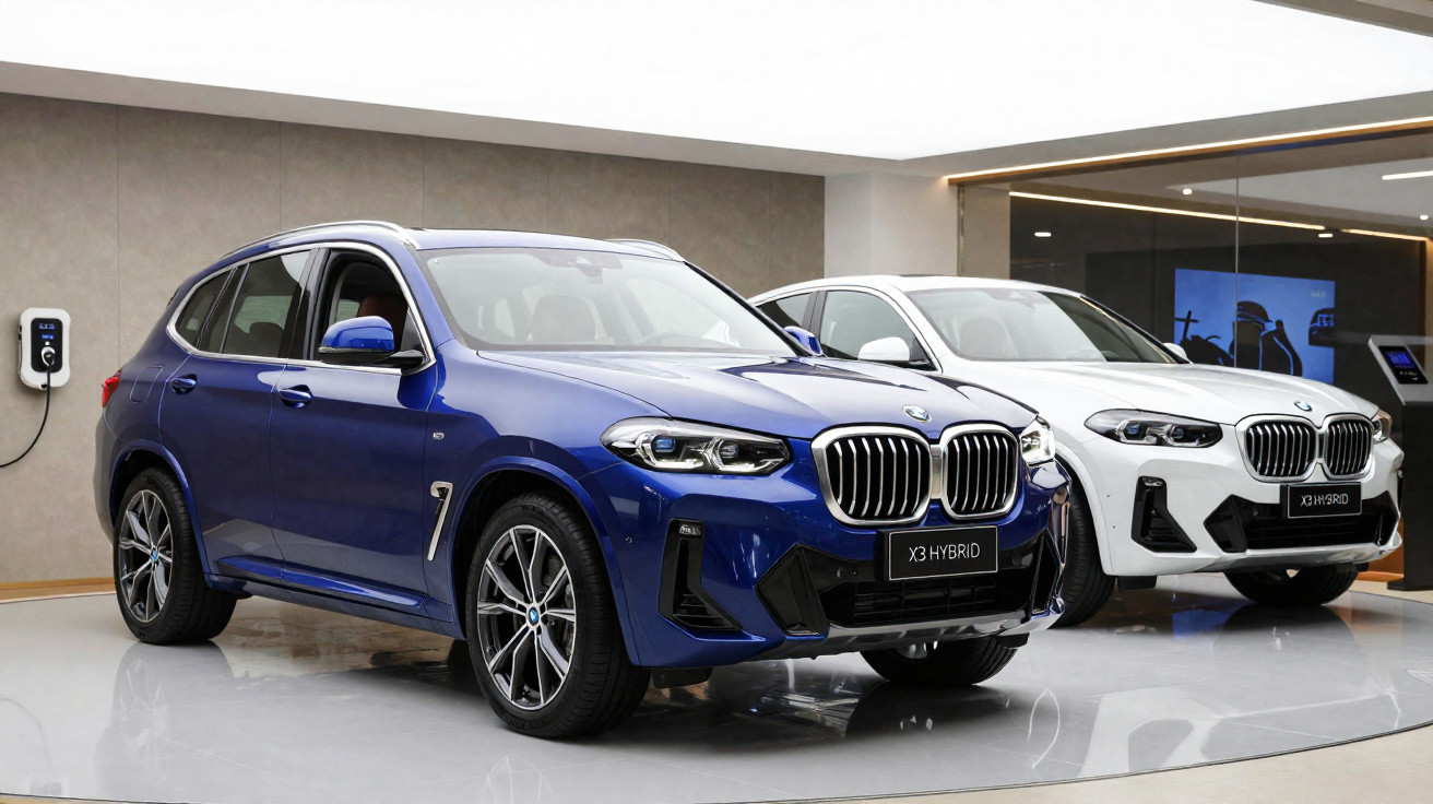 Dois SUVs BMW X3 Hybrid em exposição, um azul e outro branco, em ambiente interno moderno com carregador elétrico na parede.