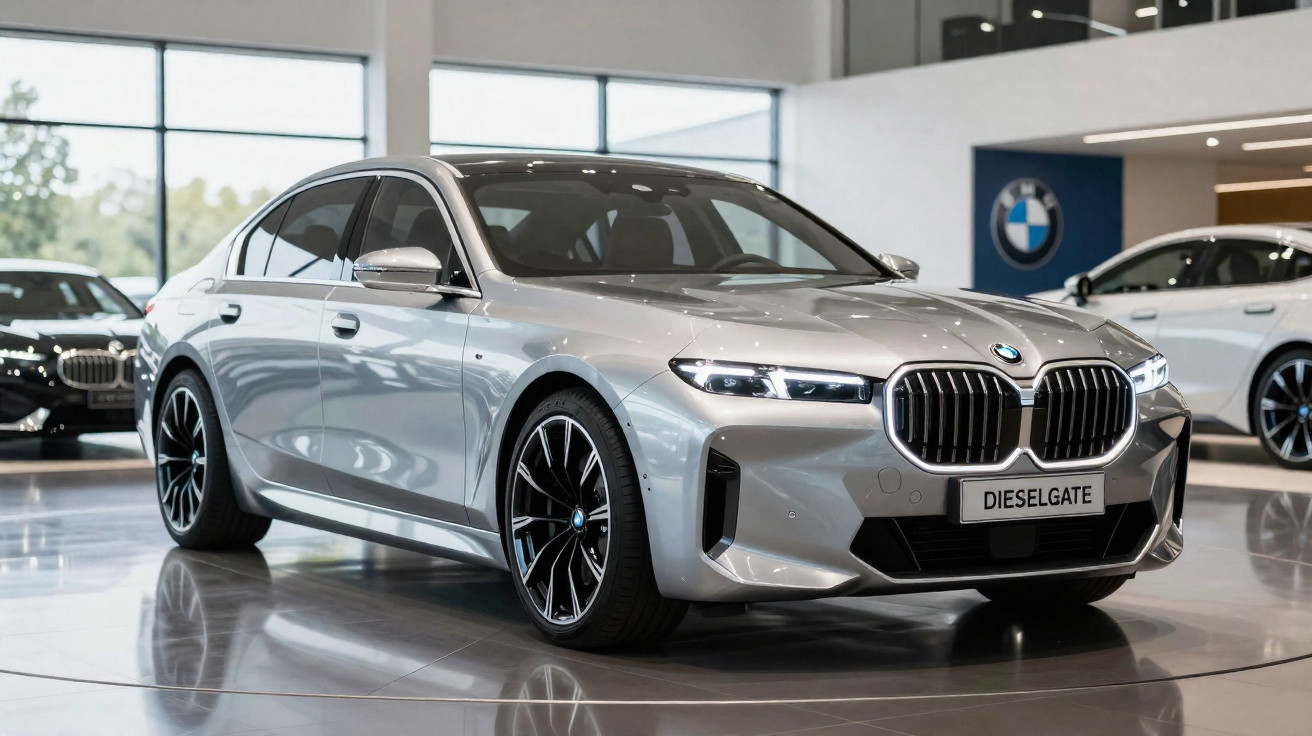 BMW cinza claro, modelo sedã exibido em showroom, destaque para grade dianteira e rodas pretas esportivas.