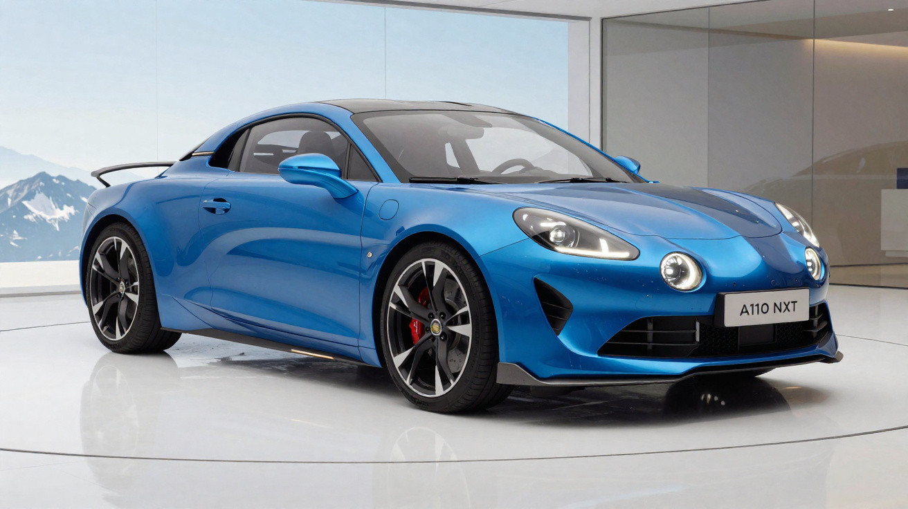 Carro esportivo azul modelo A110 NXT exibido em ambiente interno moderno com parede de vidro.