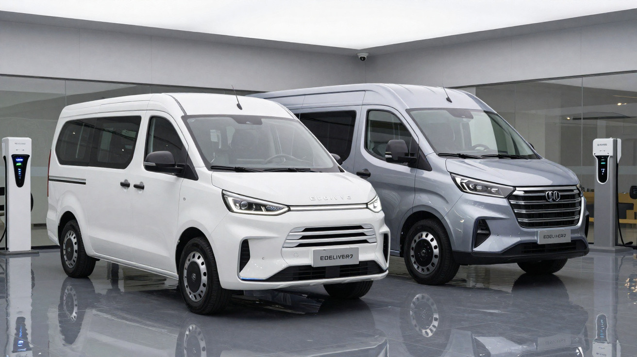 Duas vans elétricas Brilliance EDELIVER7 expostas em showroom moderno com carregadores ao fundo.