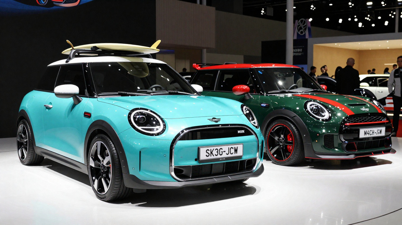 Dois carros Mini Cooper, um azul claro com prancha no teto e outro verde com detalhes vermelhos, expostos em salão.