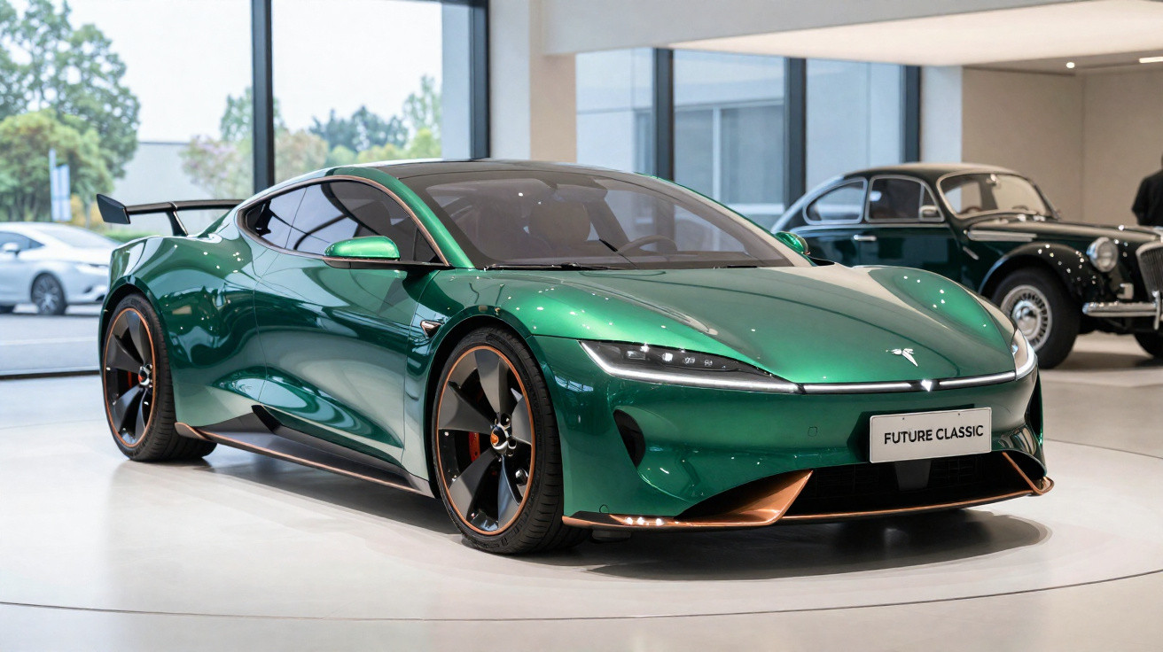 Carro esportivo elétrico verde metálico com design moderno exposto em showroom, com modelo clássico ao fundo.