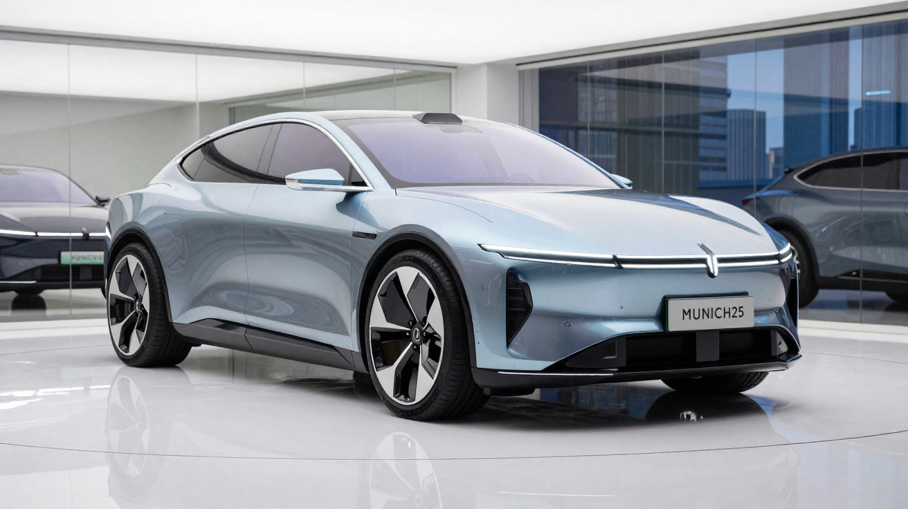 Carro elétrico cinza prateado moderno em exibição dentro de showroom com paredes de vidro refletivas.