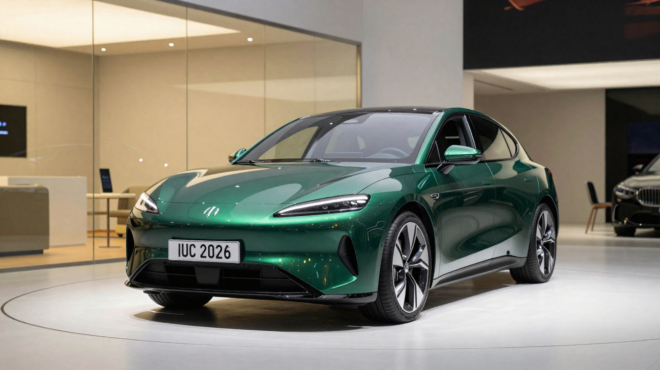 Carro elétrico verde exibido em ambiente interno com iluminação branca e piso circular.