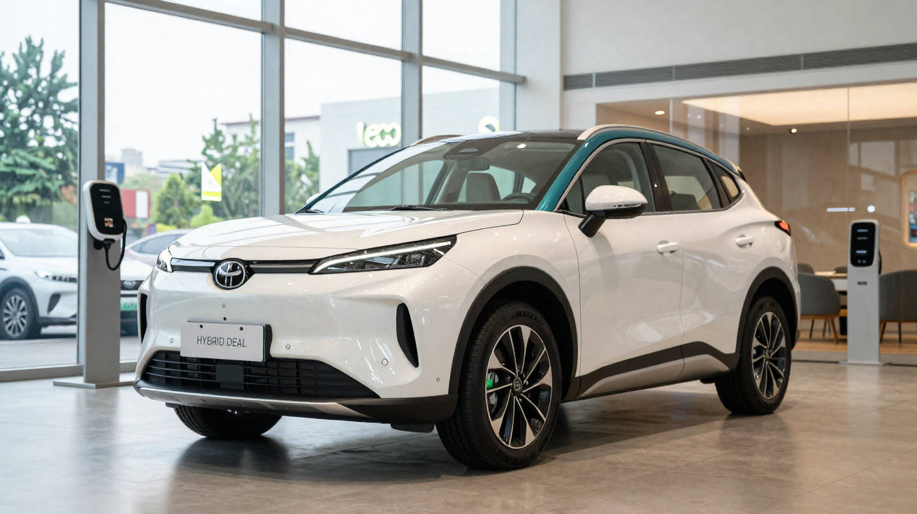 Toyota SUV híbrido branco em showroom com estação de recarga ao lado, destaque para design moderno e elegante.