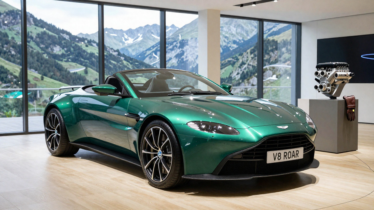 Carro esportivo verde conversível Aston Martin exposto em showroom com montanhas ao fundo.