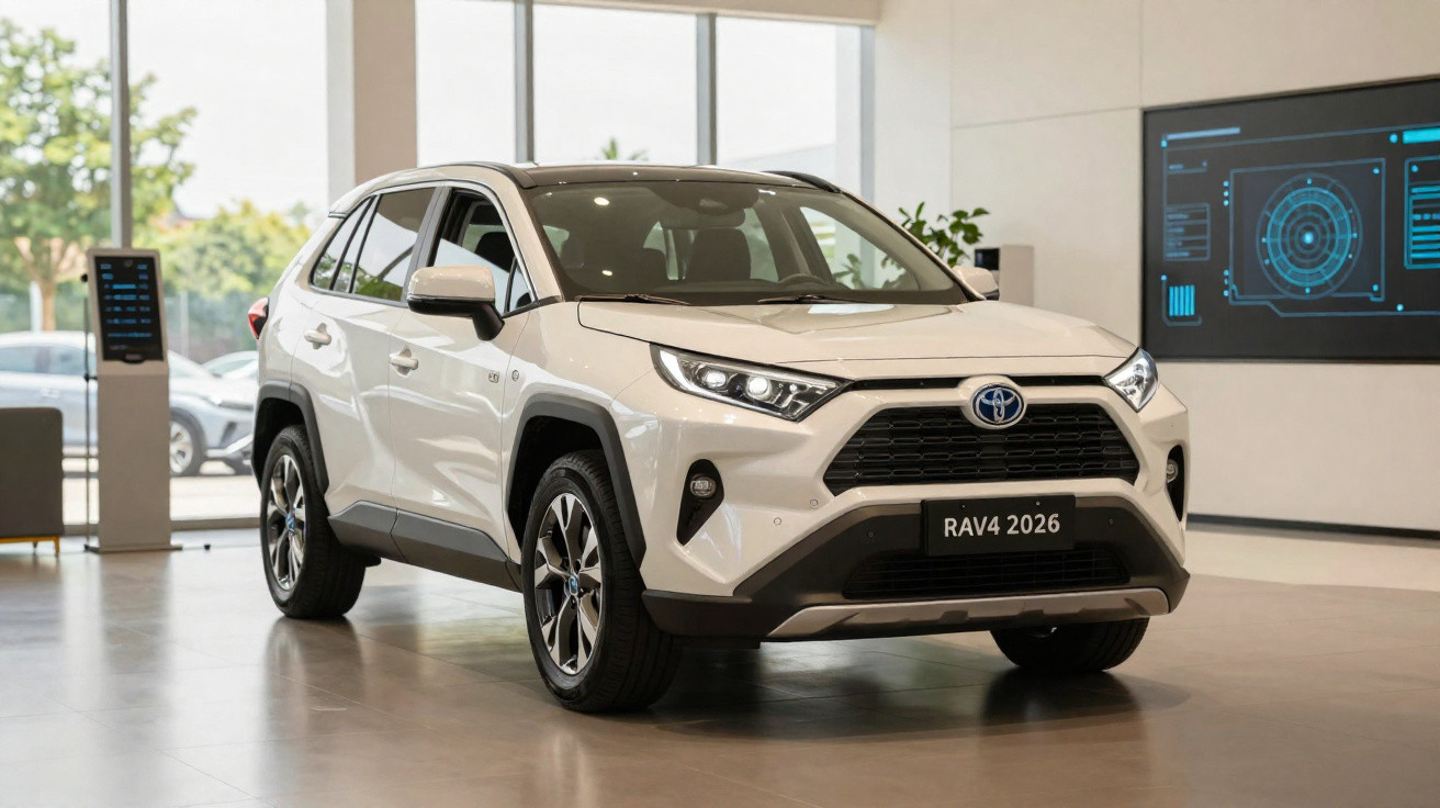 Carro SUV branco Toyota RAV4 2026 exposto em showroom moderno e iluminado.