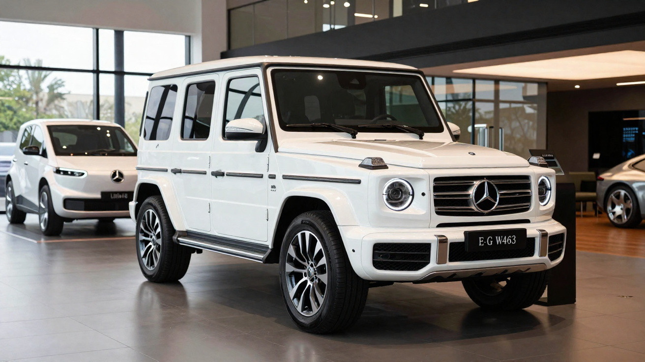Carro SUV branco Mercedes-Benz modelo G-Wagon em showroom moderno com outro veículo ao fundo.