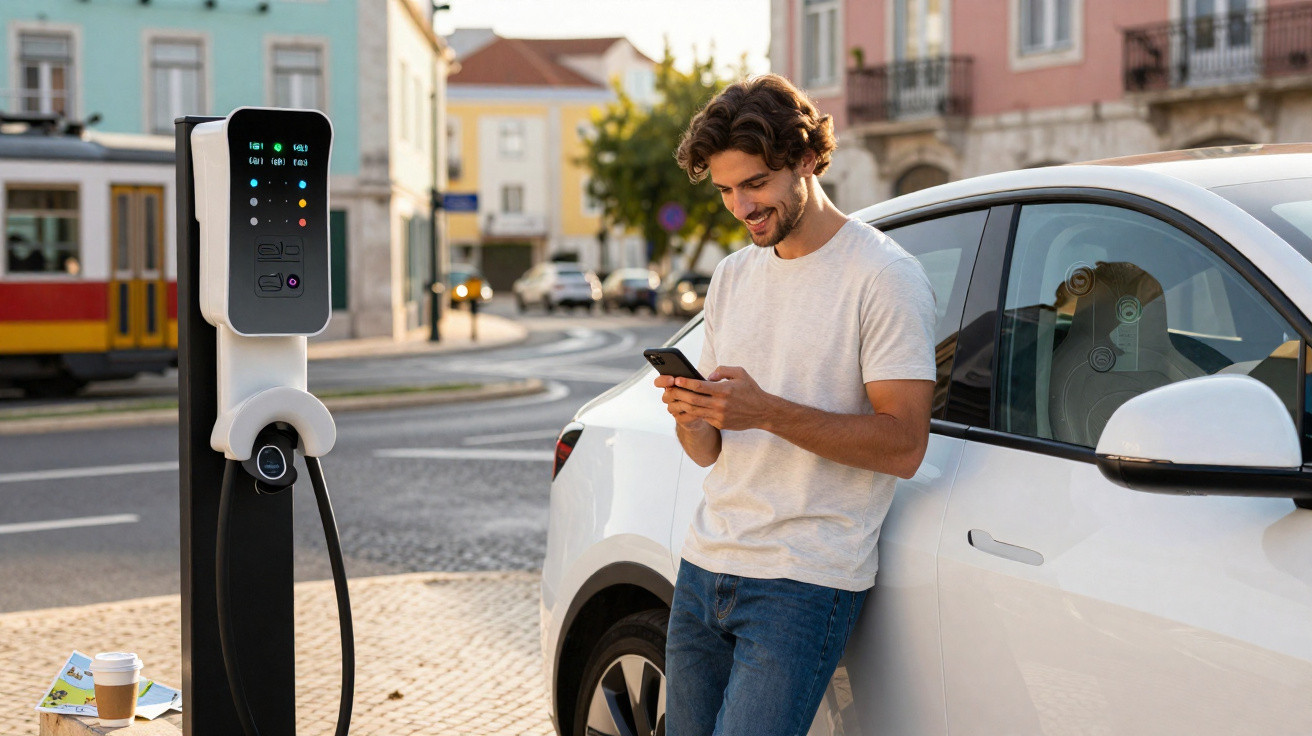 Homem sorridente usando celular ao lado de carro elétrico branco conectado a estação de recarga urbana.