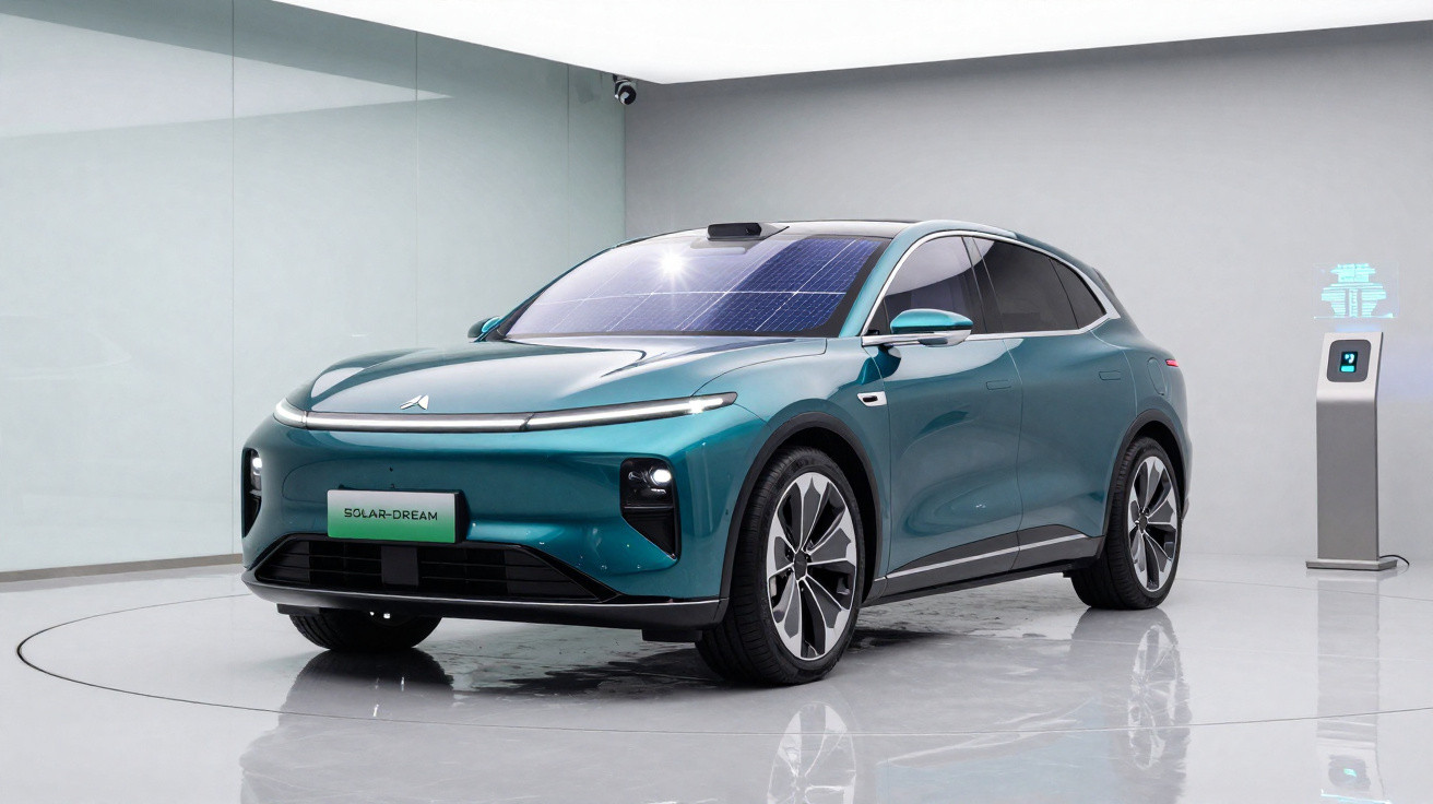 Carro elétrico azul com painéis solares no teto, exibido em ambiente moderno e minimalista.