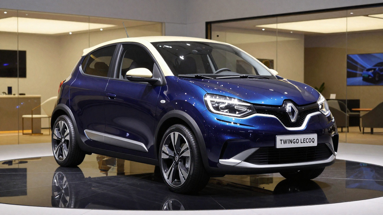 Carro azul Renault Twingo LeCoq compacto, exibido em plataforma circular dentro de showroom moderno.