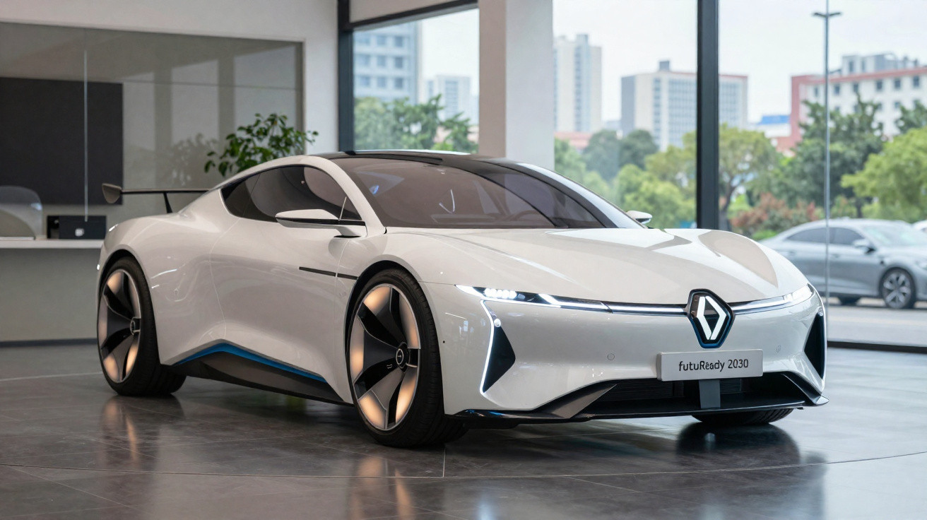 Carro esportivo branco futurista da Renault exposto em showroom com janelas amplas e vista urbana.