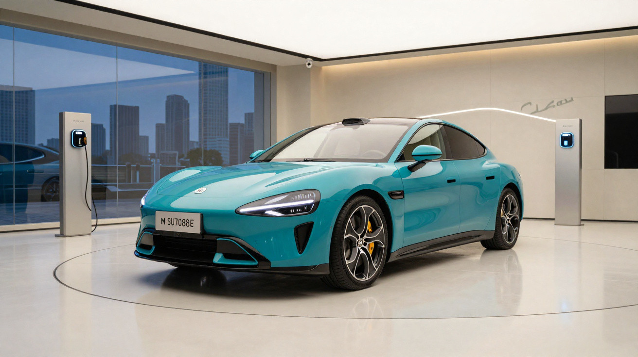 Carro elétrico azul turquesa em showroom moderno com estação de recarga e vista de prédios ao fundo.