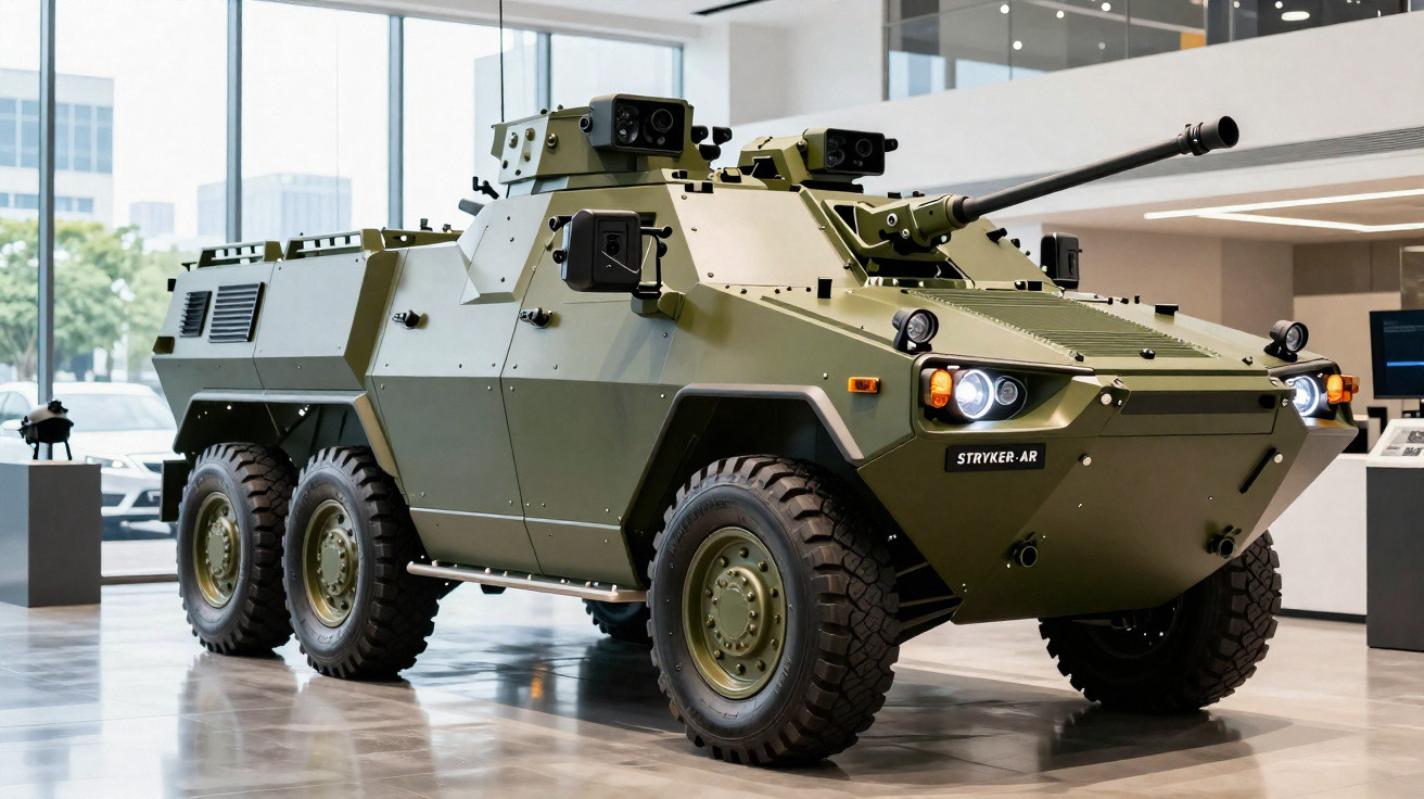 Veículo blindado militar de seis rodas exibido em ambiente interno moderno.