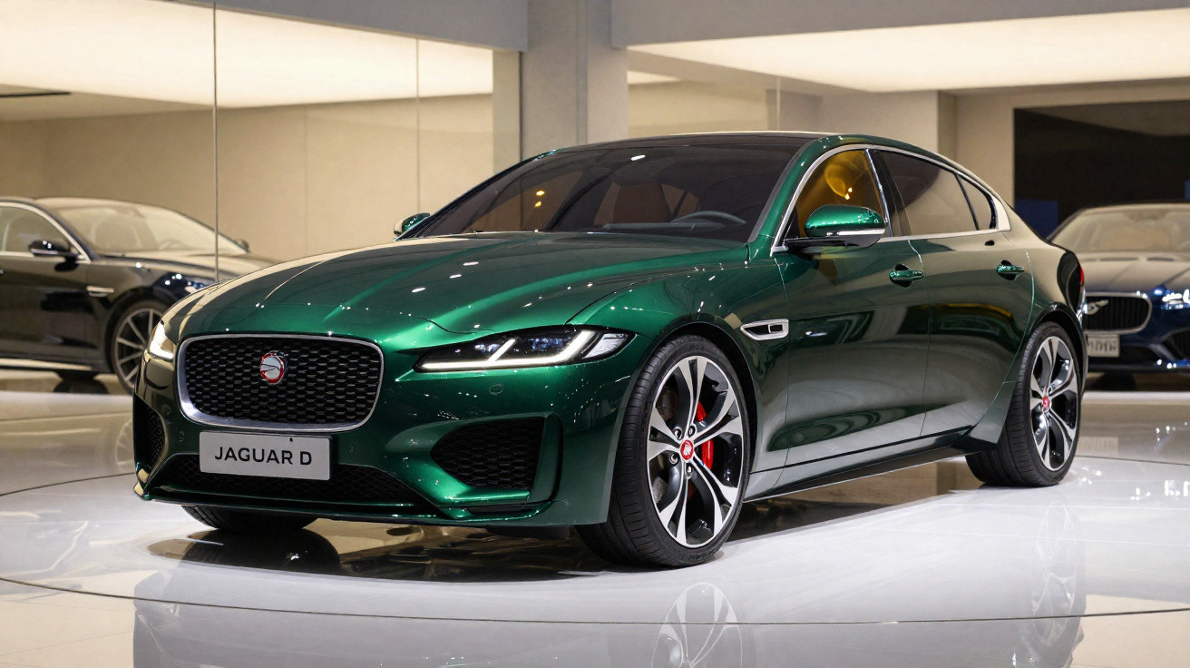 Carro esportivo Jaguar D verde metálico estacionado em showroom com paredes espelhadas.