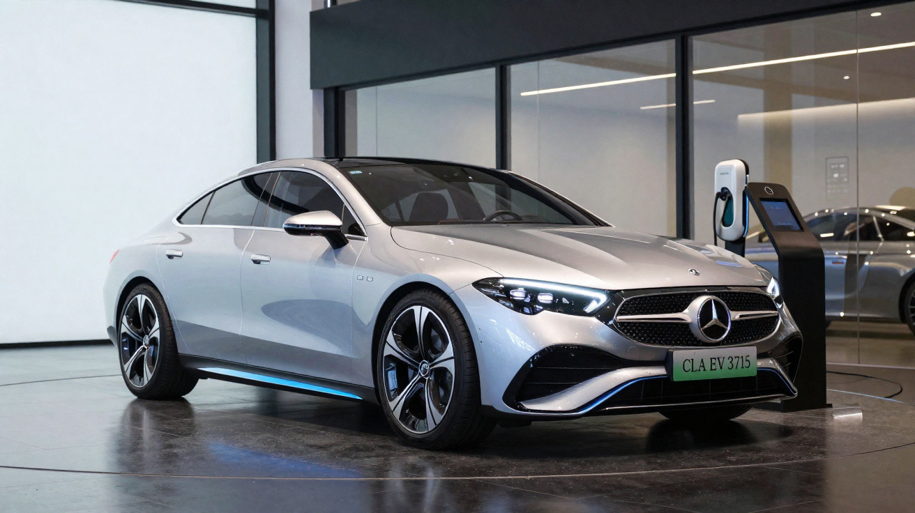 Carro elétrico Mercedes-Benz prata estacionado ao lado de estação de carregamento em showroom moderno.