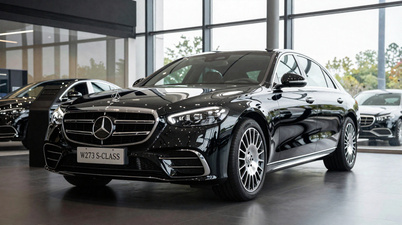 Carro Mercedes-Benz S-Class preto exibido em showroom moderno com piso escuro e paredes de vidro.