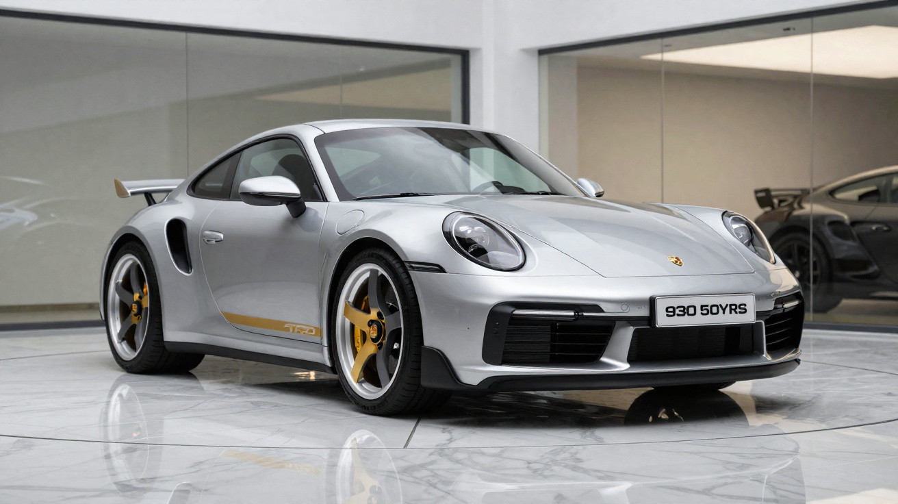 Carro esportivo prata Porsche 911 com detalhes amarelos em showroom moderno com piso branco brilhante.