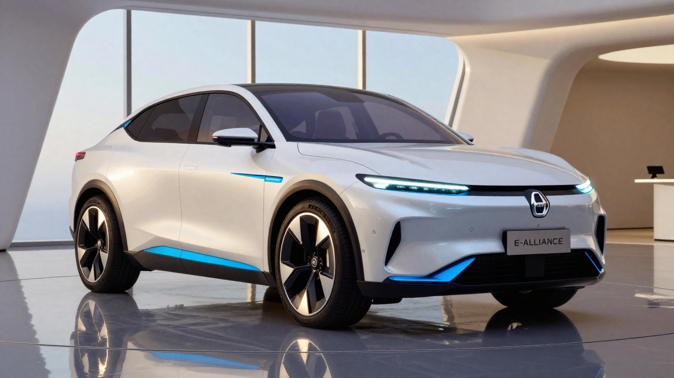 Carro elétrico branco moderno com detalhes em azul em ambiente interno minimalista e iluminado.