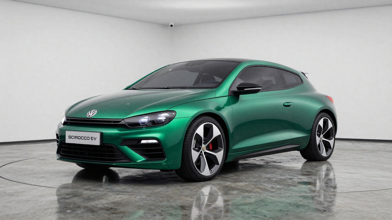 Carro esportivo elétrico Volkswagen Scirocco EV verde em estúdio com piso brilhante e paredes brancas.
