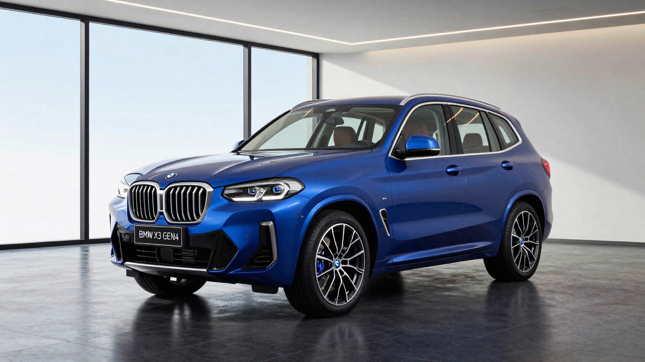 SUV BMW X3 azul estacionado em ambiente interno moderno com piso cinza e janelas grandes.